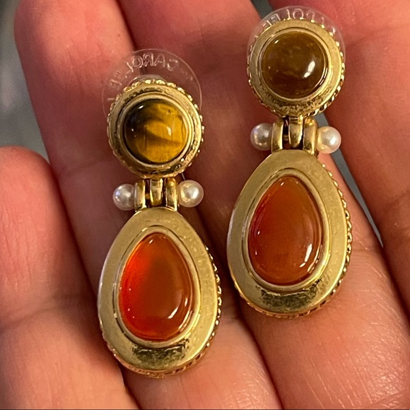 Carolee natural carnelian tigers eye freshwater pearl gold drop earrings - Picture 4 of 10